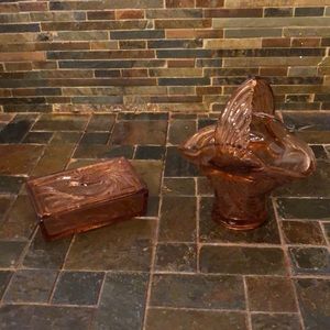 Amber Indiana Glass flying bird basket and box.